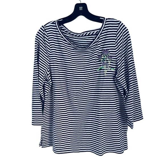 TALBOTS EMBROIDERED THISTLE STRIPE TEE Cotton Blue White Size XL/P - Picture 3 of 9